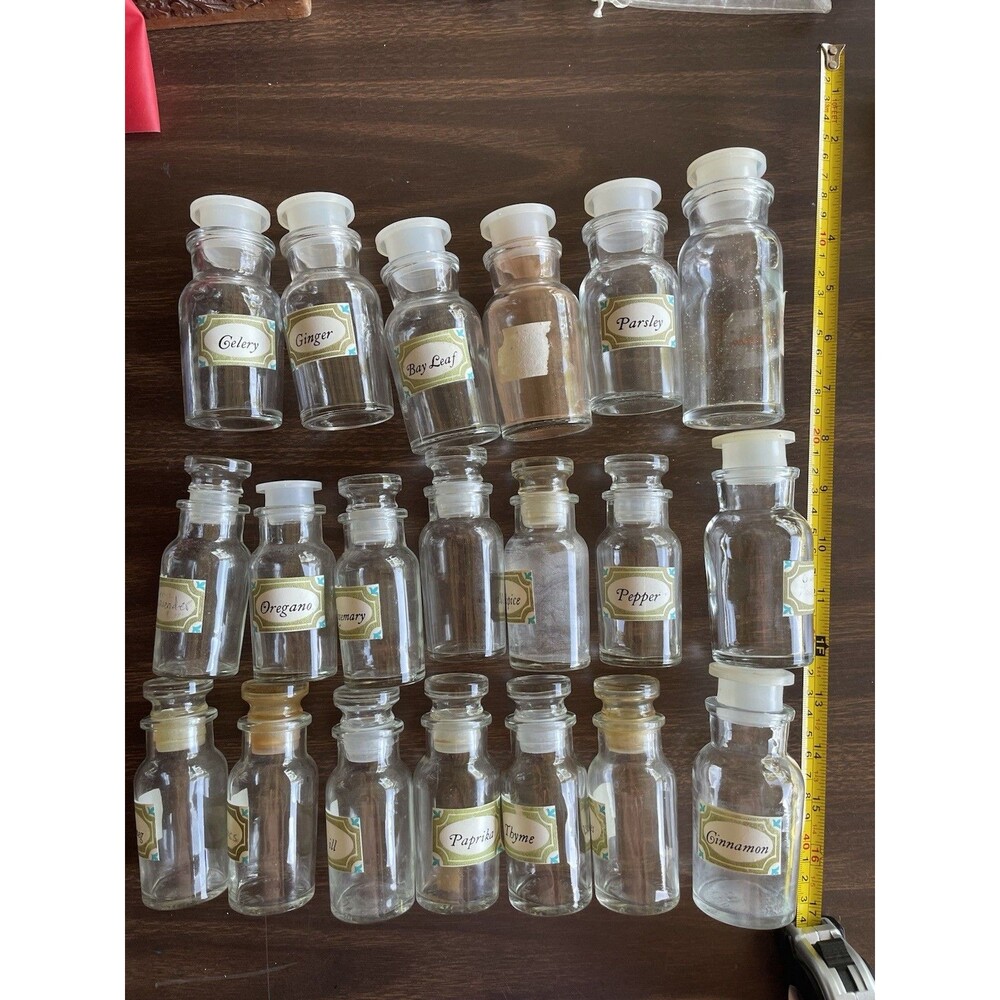 Vintage Glass Apothecary Spice Bottles Clear Jars & Stoppers Lot Of 20 Japan